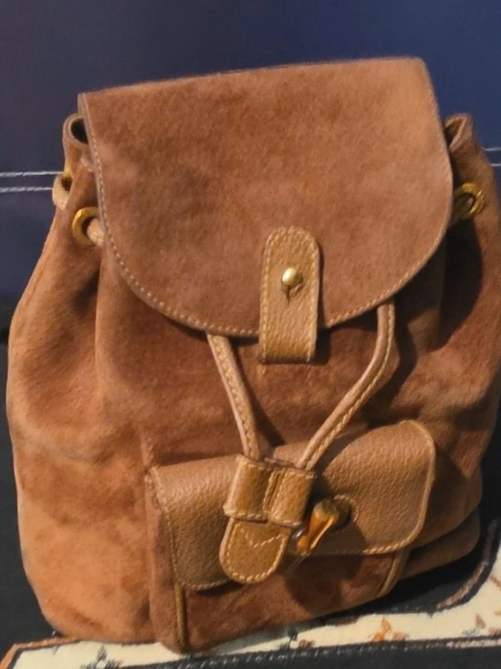 Gucci Vintage Brown Suede Leather Drawstring Backpack Bag
